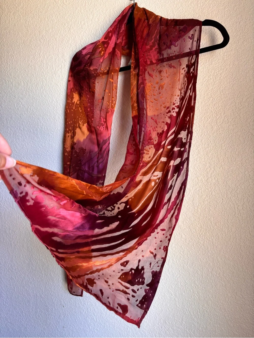 Chico's Red and Orange velvet detail Silk Print Scarf Boho Fall 🍁
